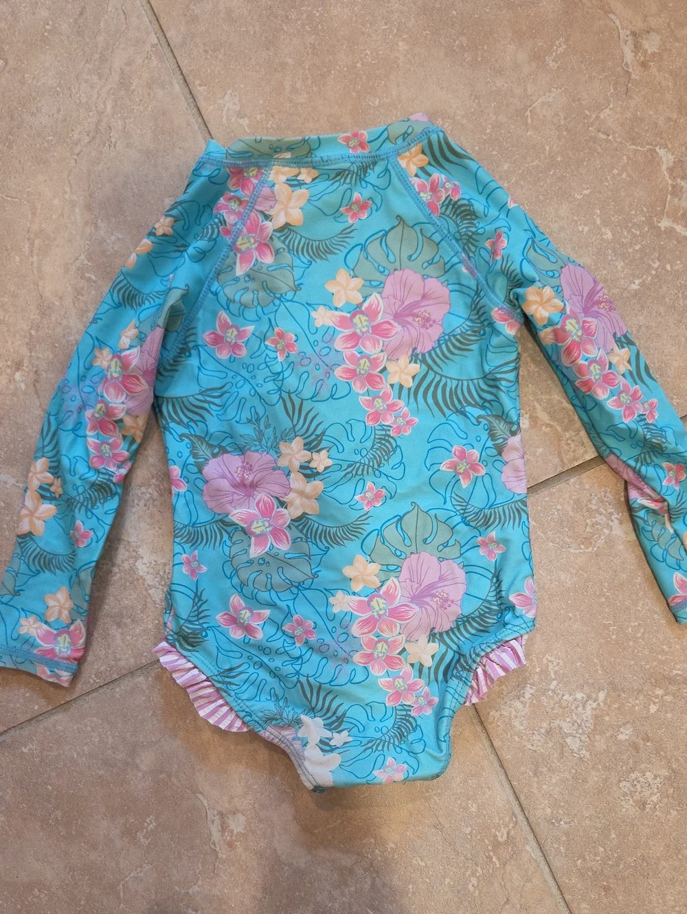 Rufflebutts 2T Girls' Floral Long-Sleeve Swim Onesie - Turquoise Pink